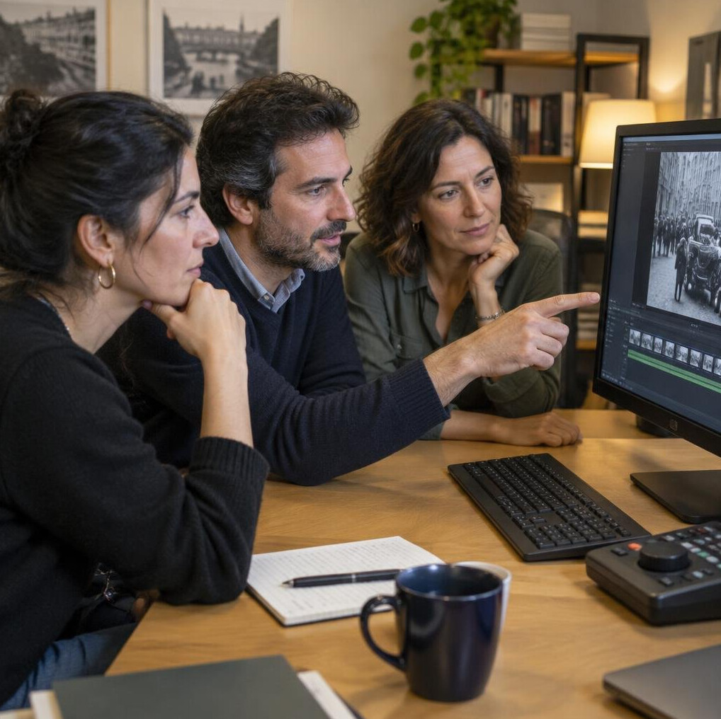 Editorial team reviewing archive footage on monitors